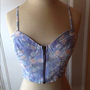 Lush Floral Denim Front Zip Crop Top